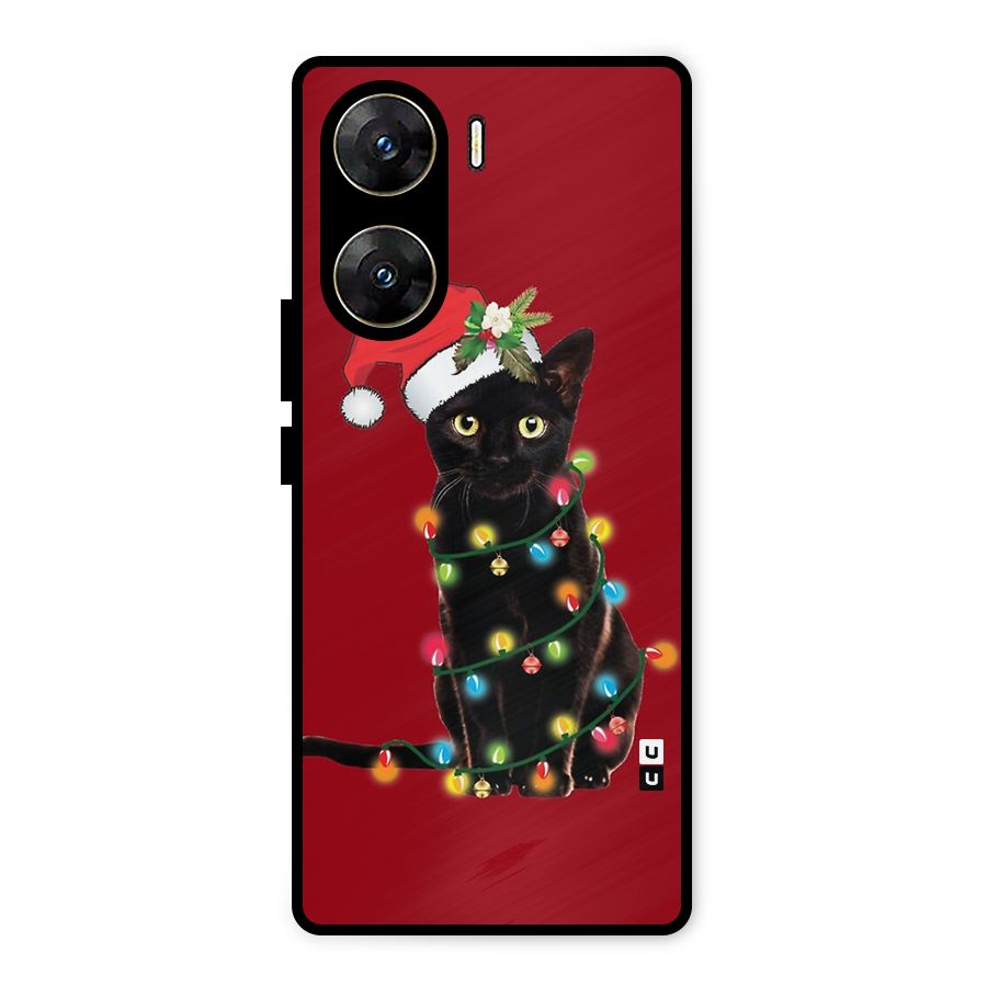 Christmas Cap Cat Metal Back Case for Vivo V29e