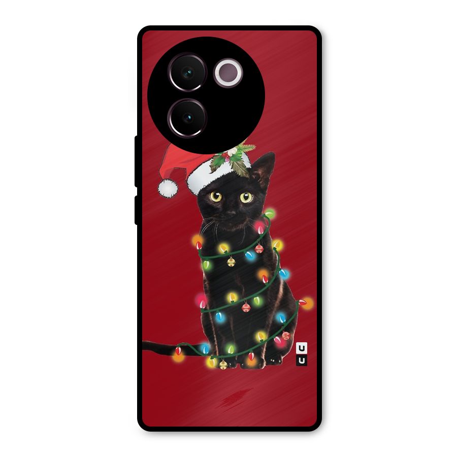 Christmas Cap Cat Metal Back Case for Vivo V30e