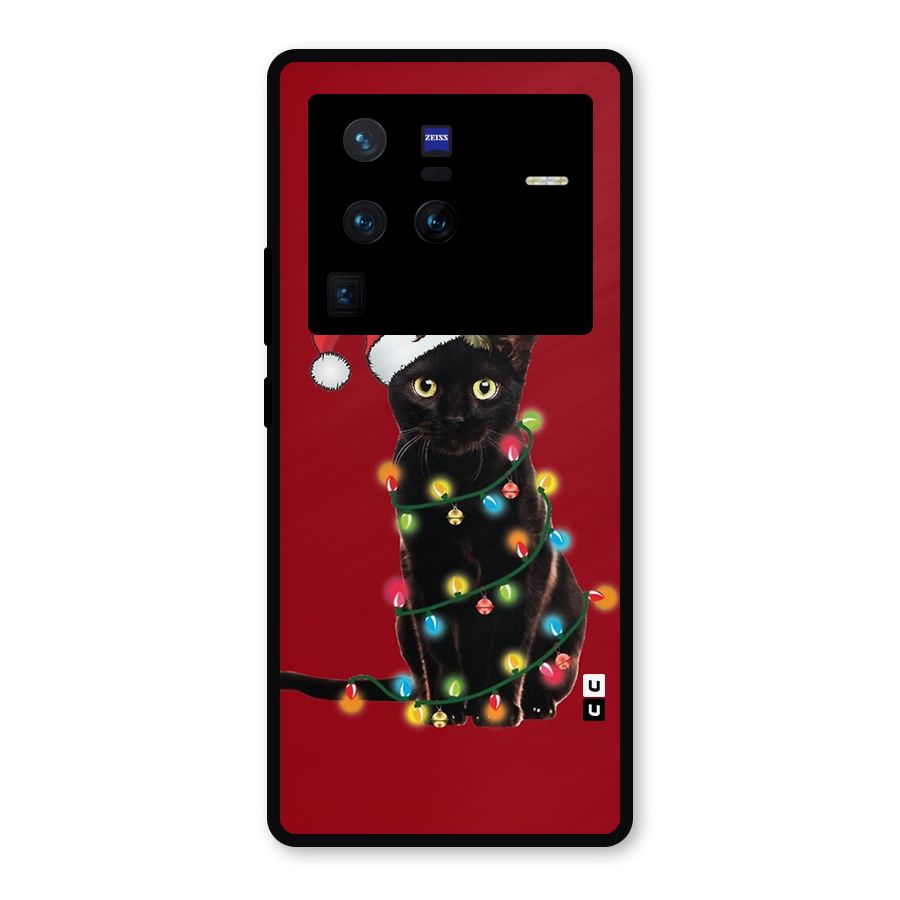 Christmas Cap Cat Metal Back Case for Vivo X80 Pro