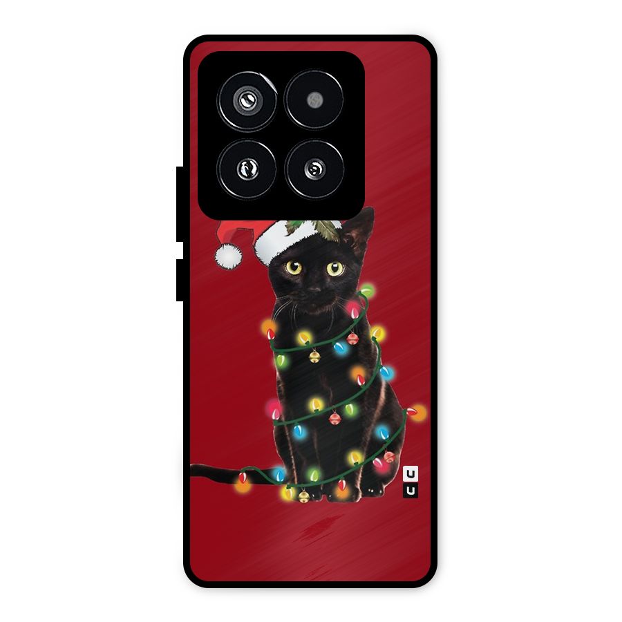 Christmas Cap Cat Metal Back Case for Xiaomi 14 Pro
