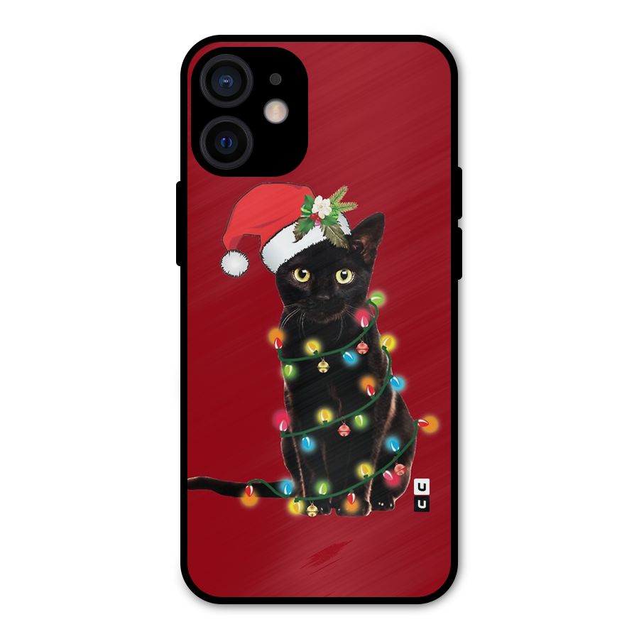 Christmas Cap Cat Metal Back Case for iPhone 12 Mini