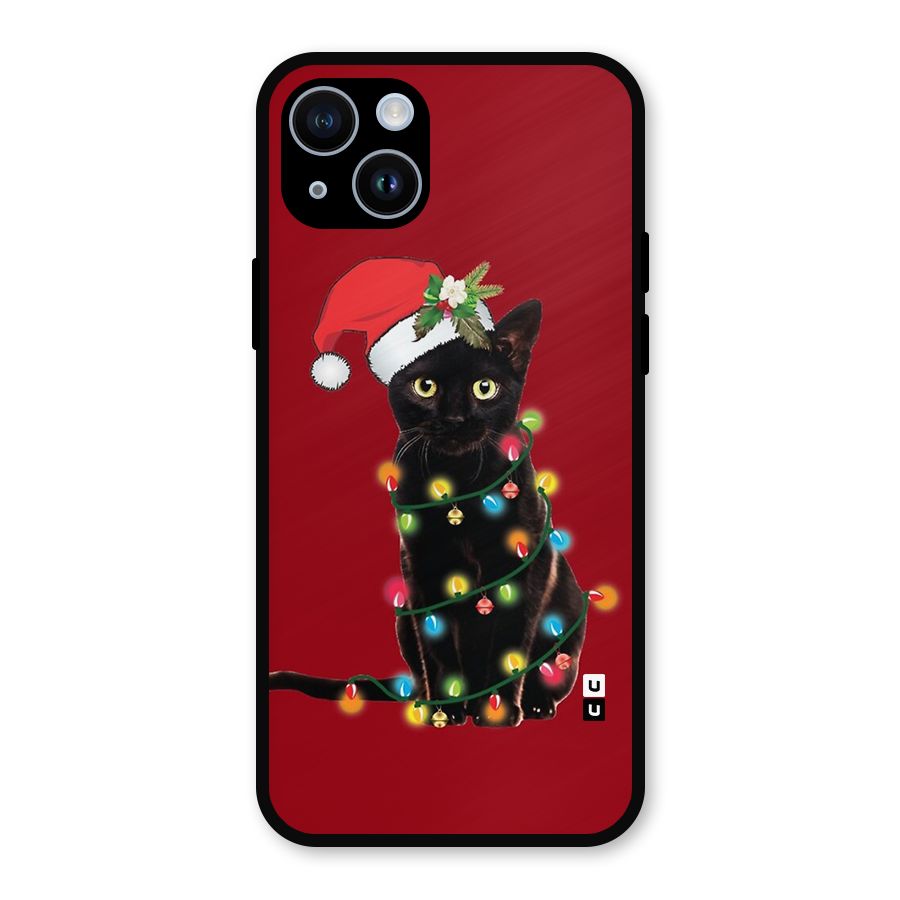Christmas Cap Cat Metal Back Case for iPhone 14