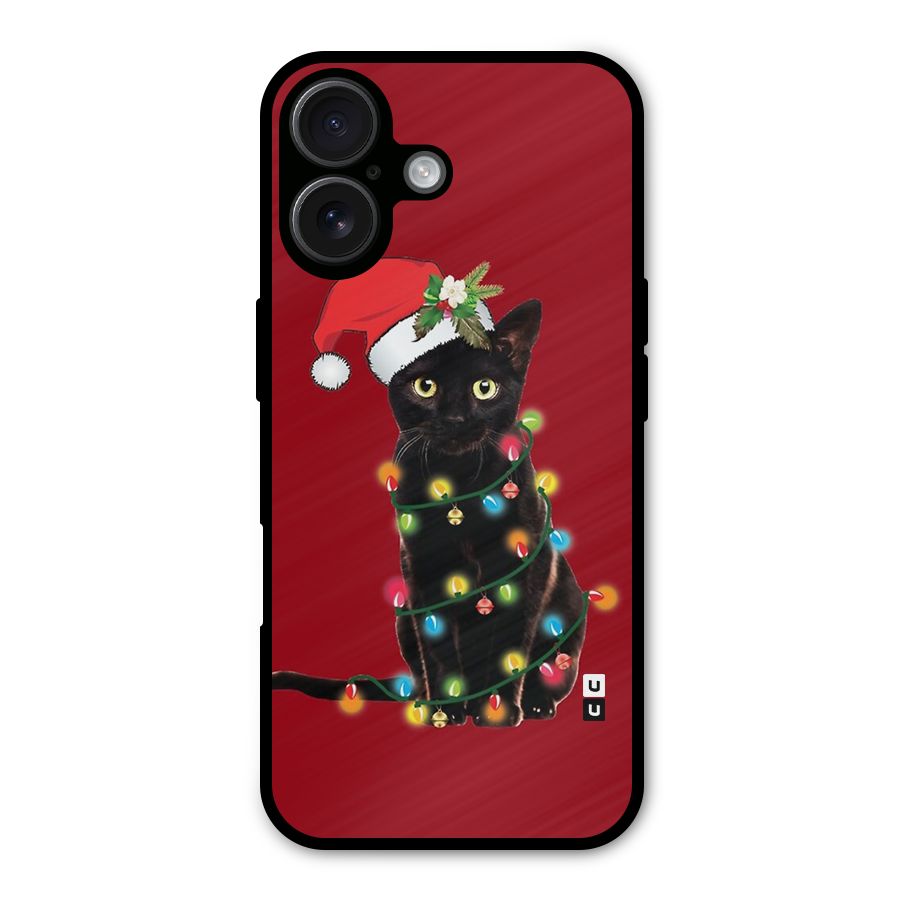 Christmas Cap Cat Metal Back Case for iPhone 16
