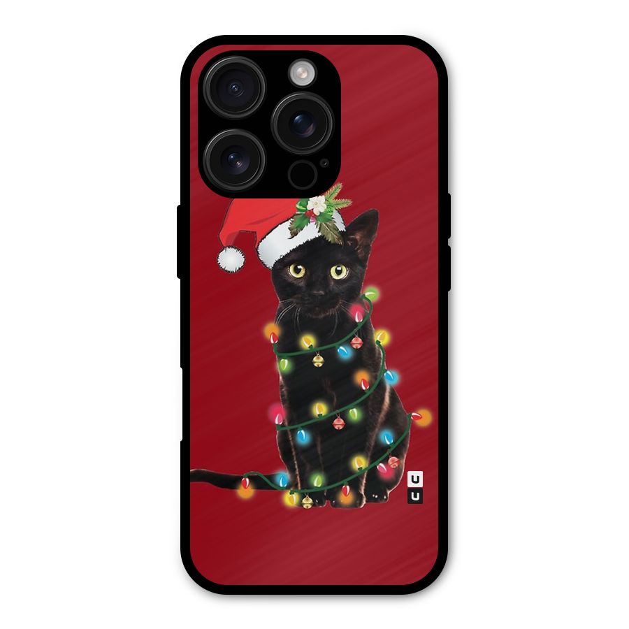 Christmas Cap Cat Metal Back Case for iPhone 16 Pro