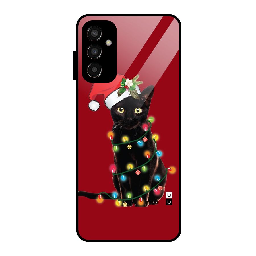 Christmas Cap Cute Cat Glass Back Case for Galaxy F13