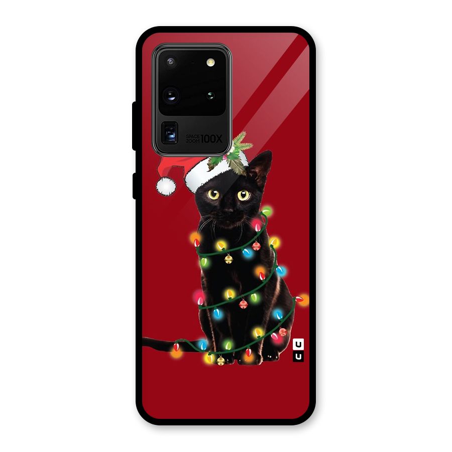Christmas Cap Cute Cat Glass Back Case for Galaxy S20 Ultra