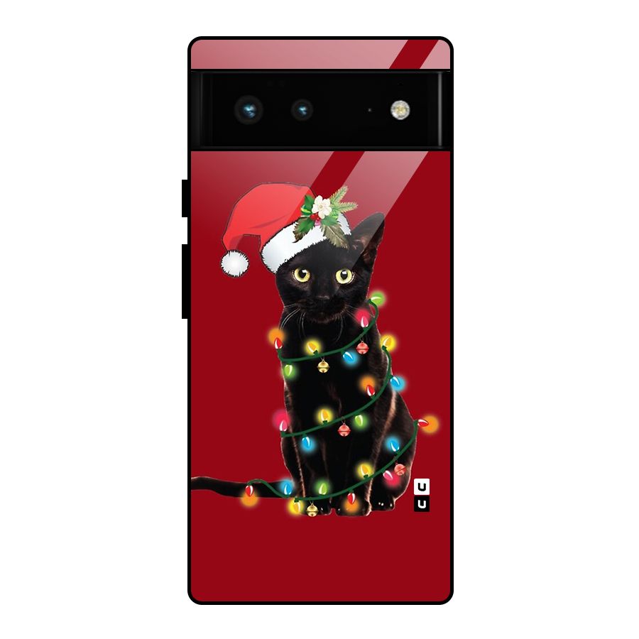 Christmas Cap Cute Cat Glass Back Case for Google Pixel 6