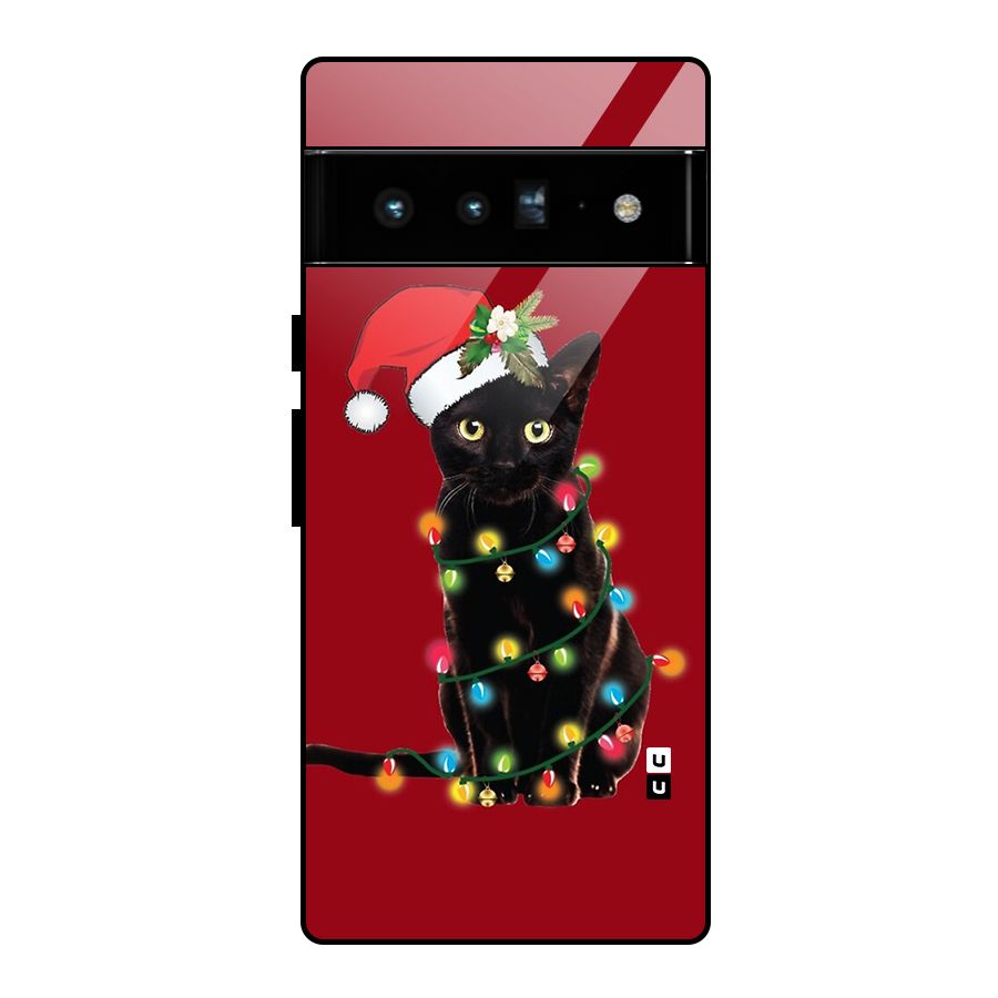Christmas Cap Cute Cat Glass Back Case for Google Pixel 6 Pro