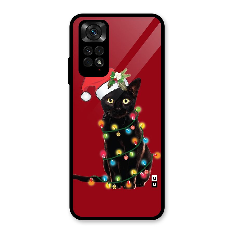 Christmas Cap Cute Cat Glass Back Case for Redmi Note 11S