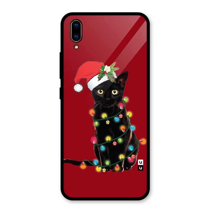 Christmas Cap Cute Cat Glass Back Case for Vivo V11 Pro