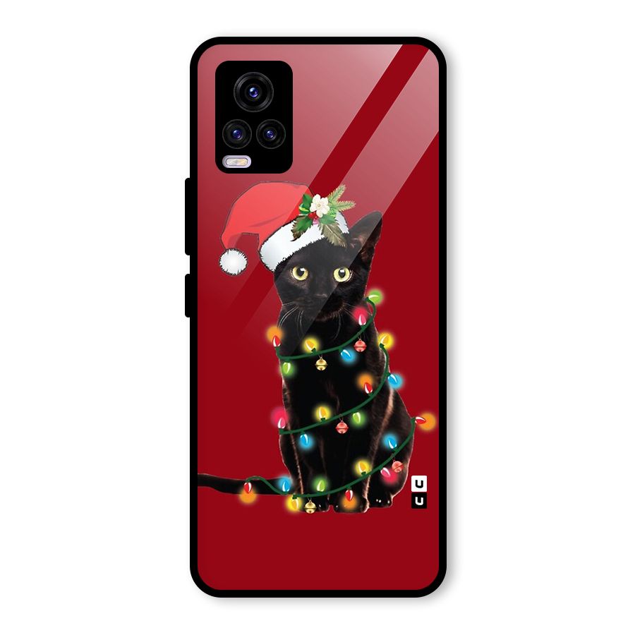 Christmas Cap Cute Cat Glass Back Case for Vivo V20 2021
