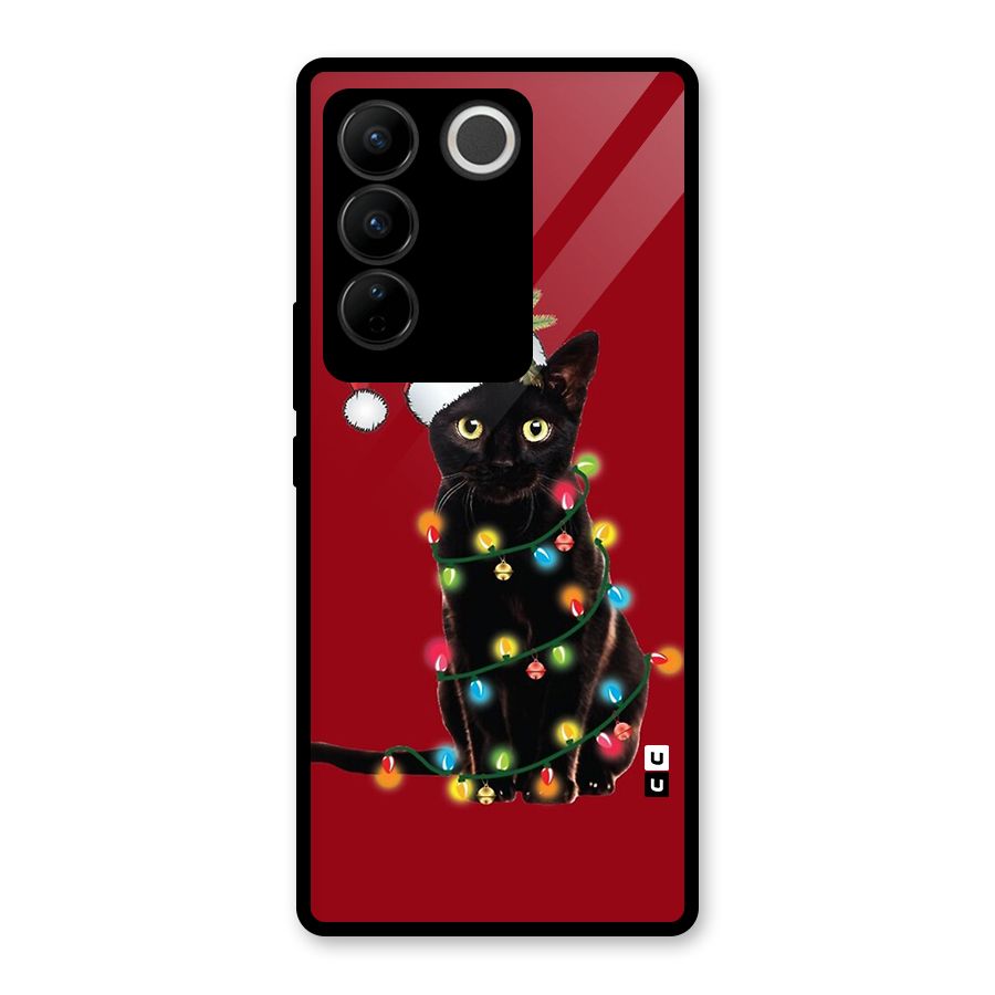 Christmas Cap Cute Cat Glass Back Case for Vivo V27