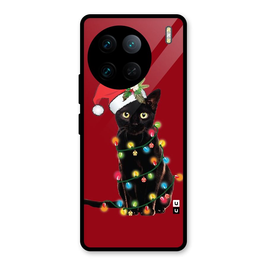 Christmas Cap Cute Cat Glass Back Case for Vivo X90 Pro