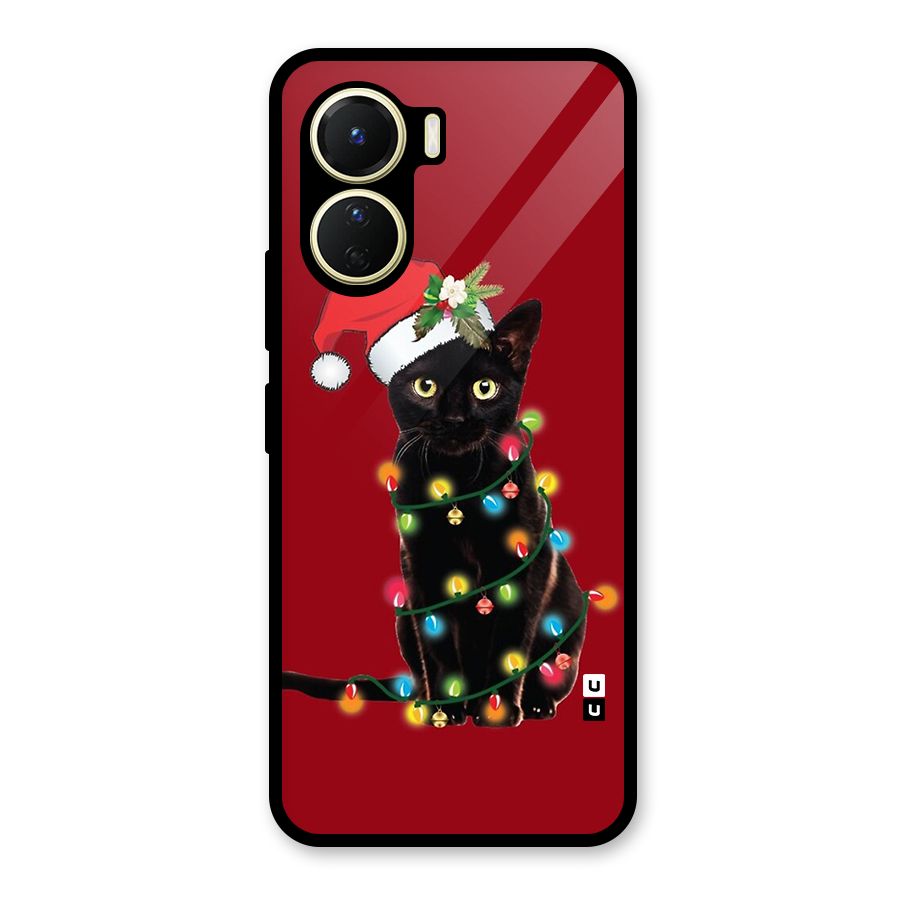 Christmas Cap Cute Cat Glass Back Case for Vivo Y56