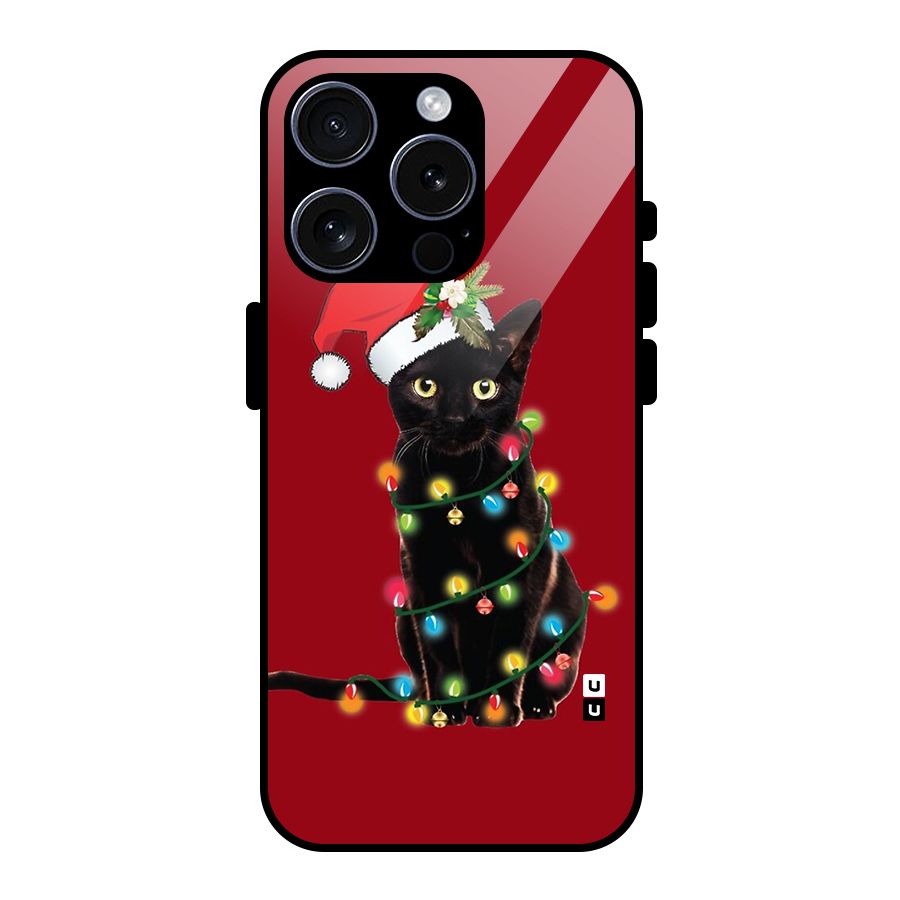 Christmas Cap Cute Cat Glass Back Case for iPhone 15 Pro
