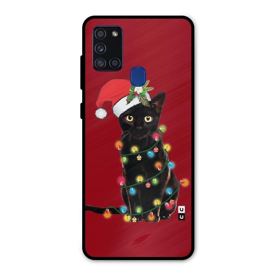 Christmas Cap Cute Cat Metal Back Case for Galaxy A21s