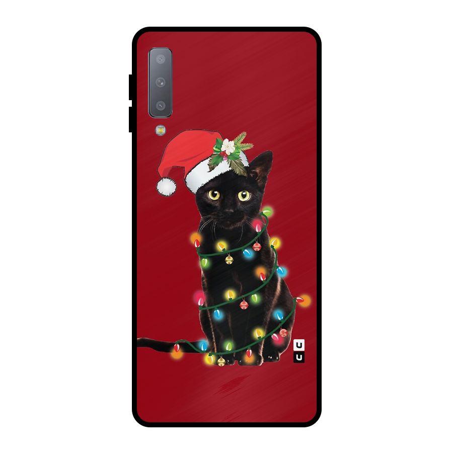 Christmas Cap Cute Cat Metal Back Case for Galaxy A7 (2018)