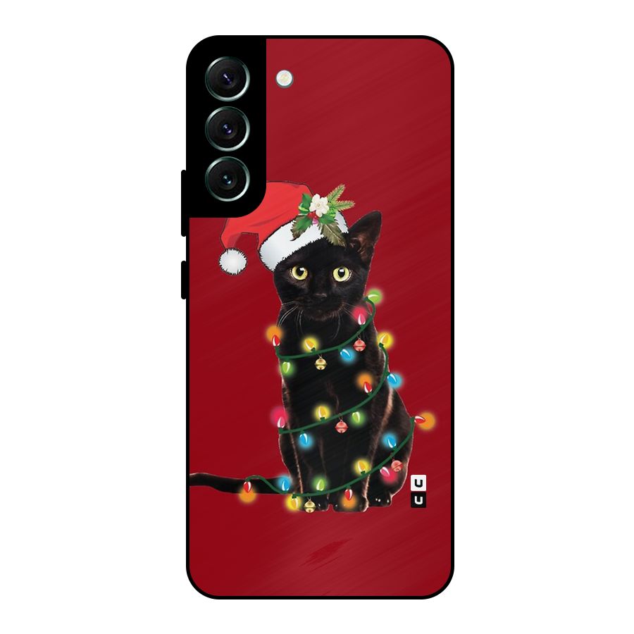 Christmas Cap Cute Cat Metal Back Case for Galaxy S22 Plus 5G