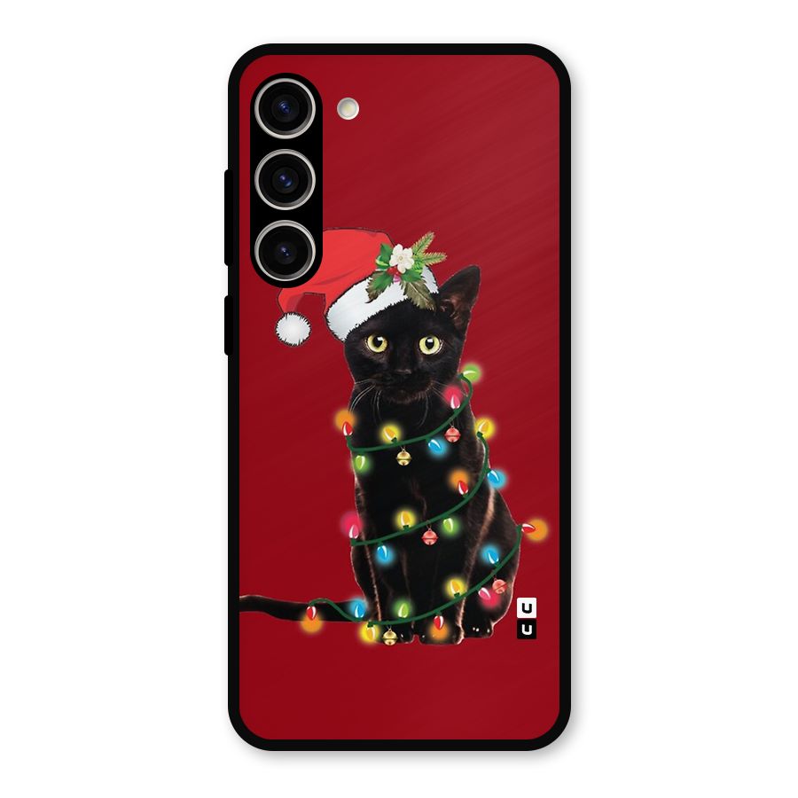 Christmas Cap Cute Cat Metal Back Case for Galaxy S23 Plus
