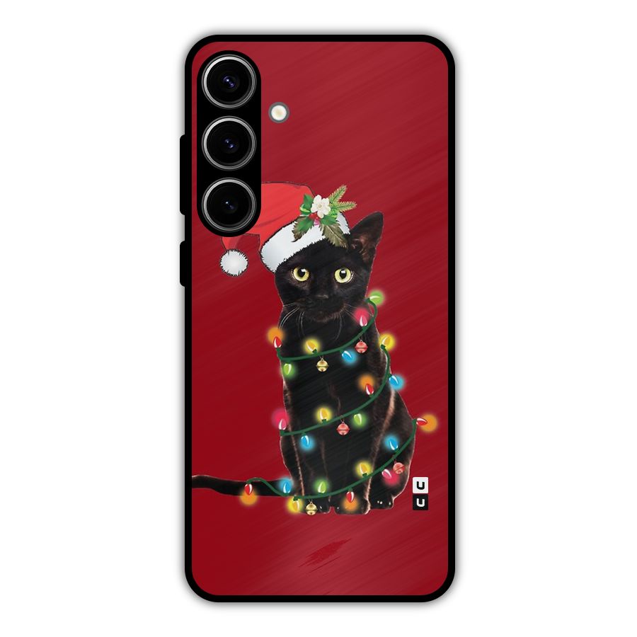 Christmas Cap Cute Cat Metal Back Case for Galaxy S24 Plus