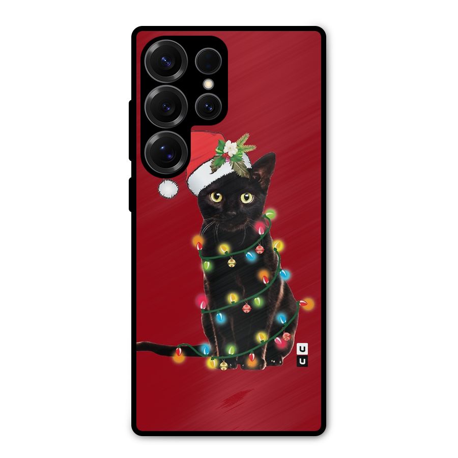 Christmas Cap Cute Cat Metal Back Case for Galaxy S25 Ultra