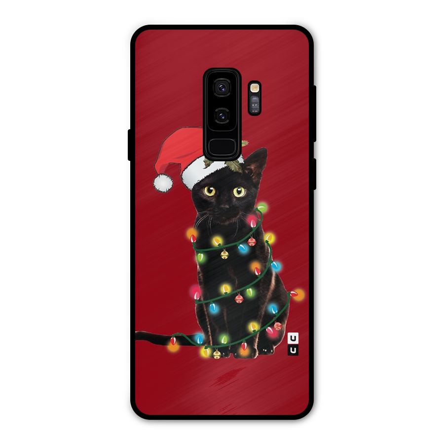 Christmas Cap Cute Cat Metal Back Case for Galaxy S9 Plus