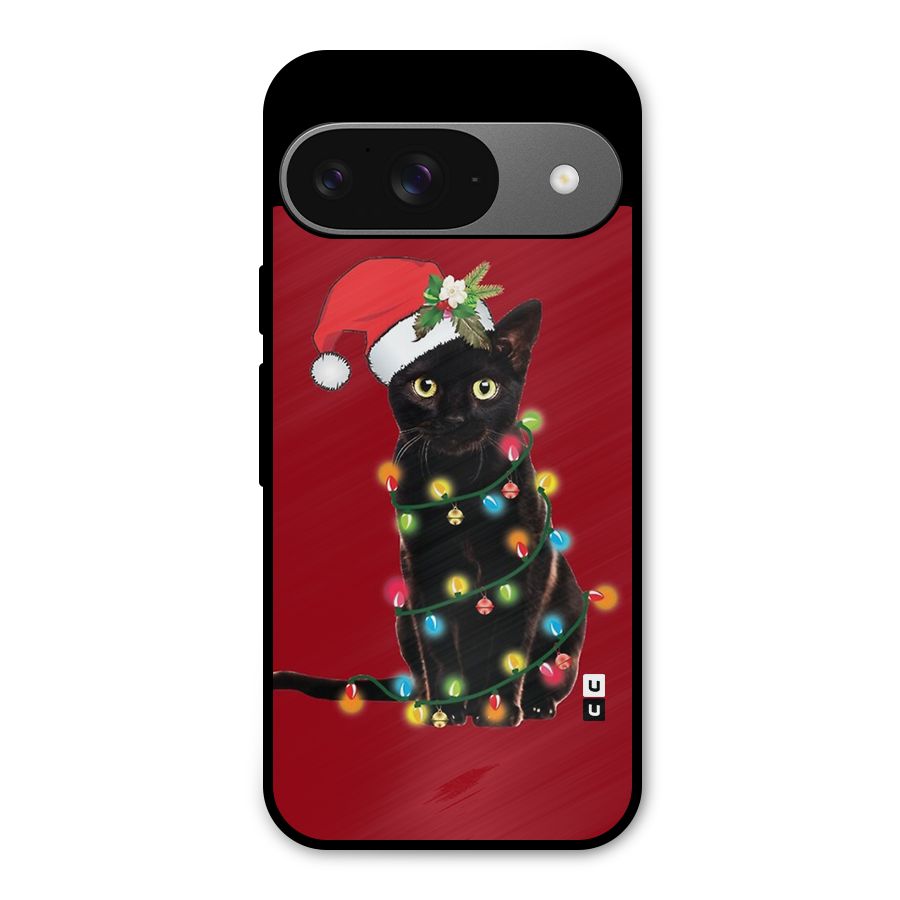 Christmas Cap Cute Cat Metal Back Case for Google Pixel 9
