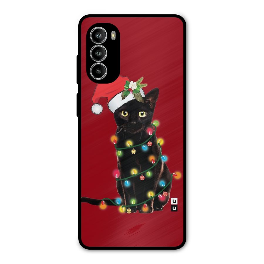 Christmas Cap Cute Cat Metal Back Case for Moto G52