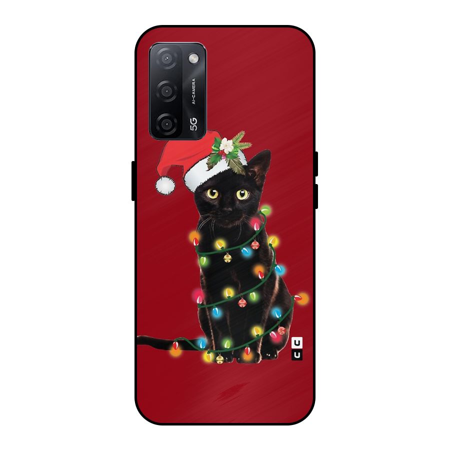 Christmas Cap Cute Cat Metal Back Case for Oppo A53s 5G