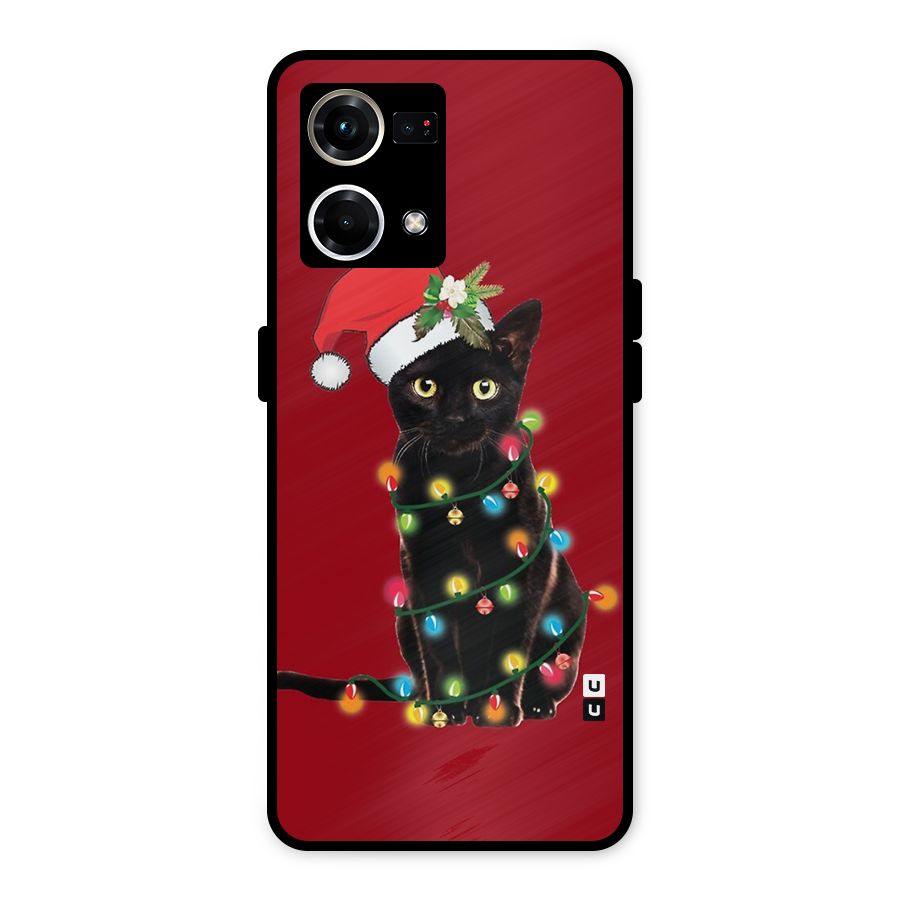 Christmas Cap Cute Cat Metal Back Case for Oppo F21 Pro 4G