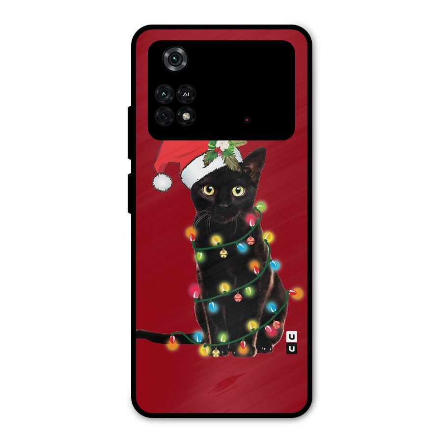 Christmas Cap Cute Cat Metal Back Case for Poco M4 Pro 4G