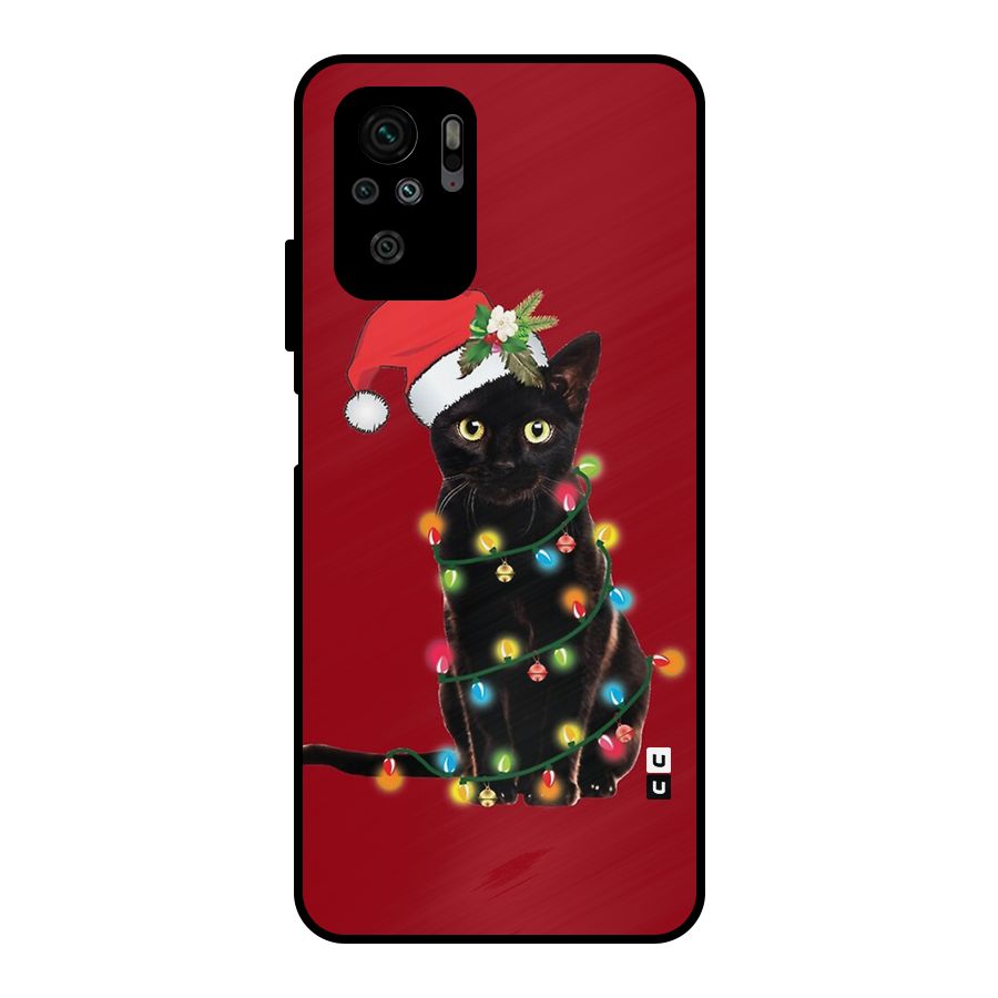 Christmas Cap Cute Cat Metal Back Case for Redmi Note 10S
