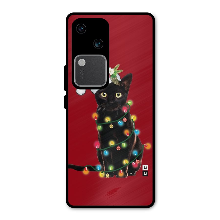 Christmas Cap Cute Cat Metal Back Case for Vivo V30 Pro