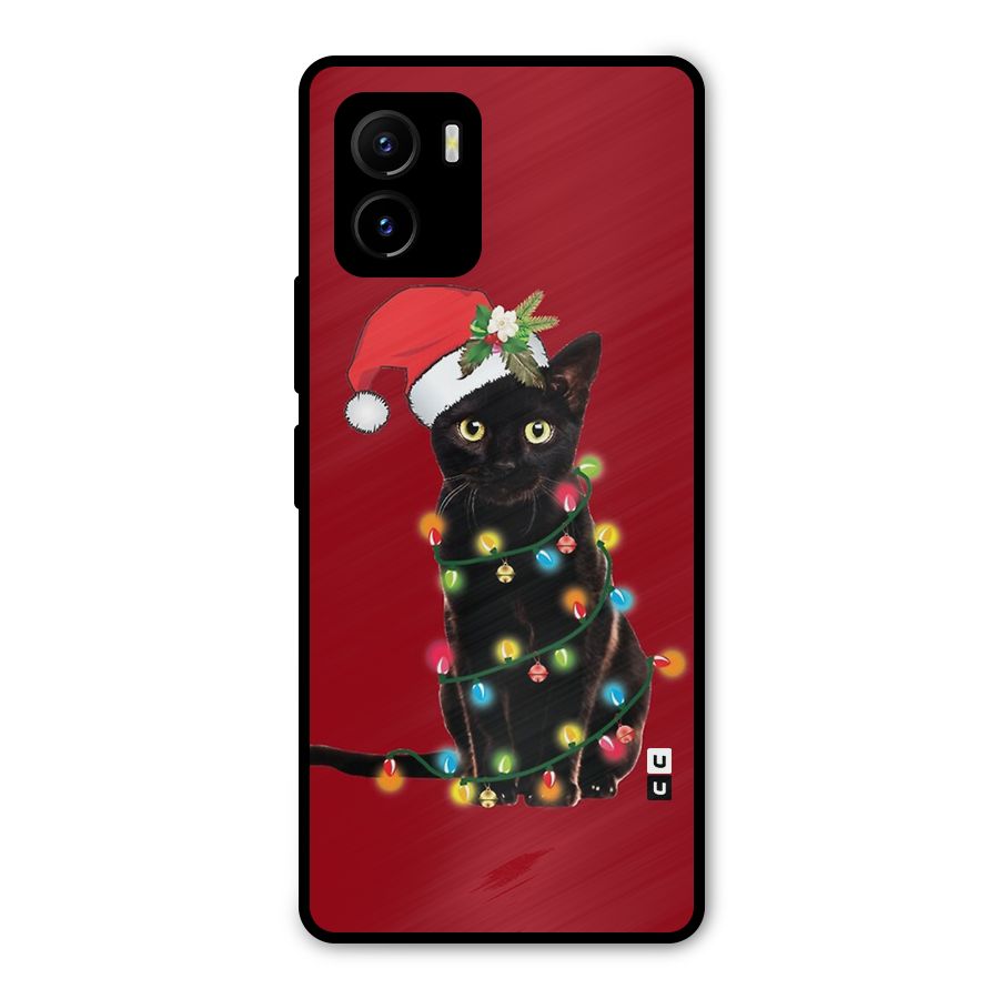 Christmas Cap Cute Cat Metal Back Case for Vivo Y15s