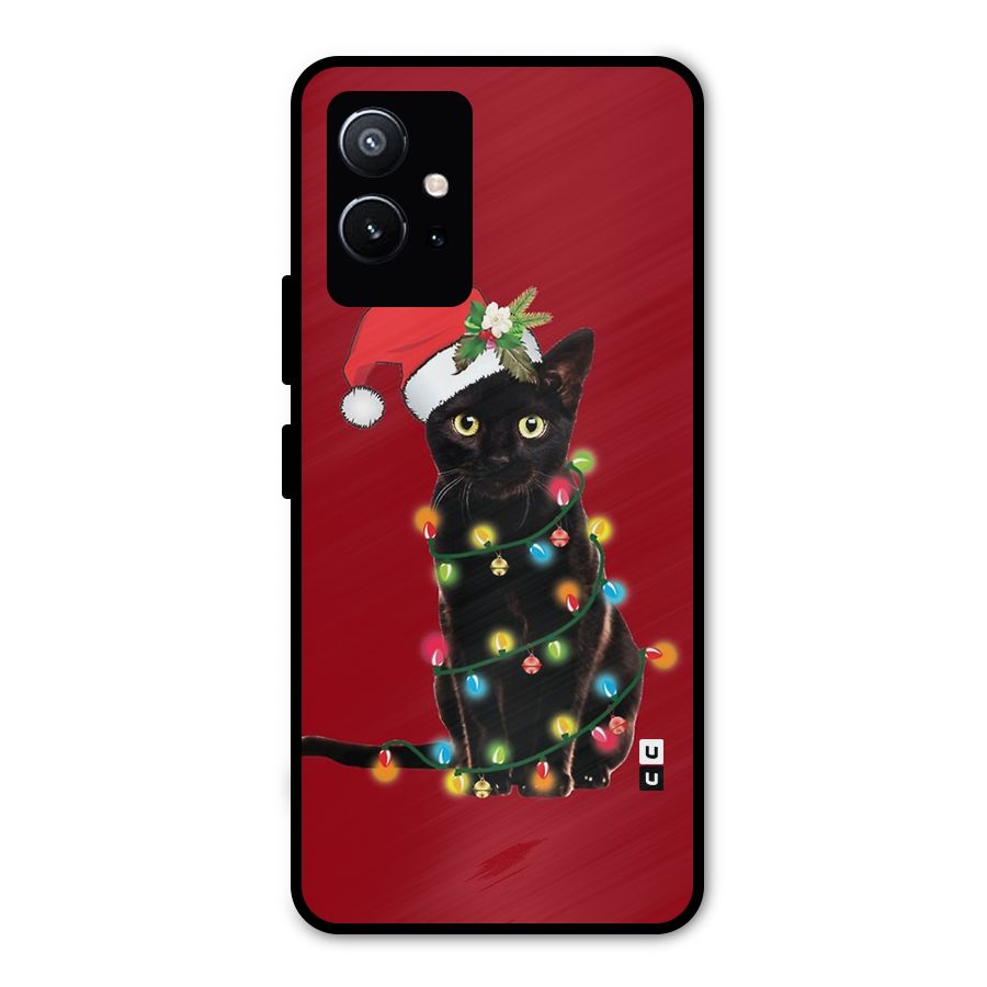 Christmas Cap Cute Cat Metal Back Case for Vivo Y75 5G