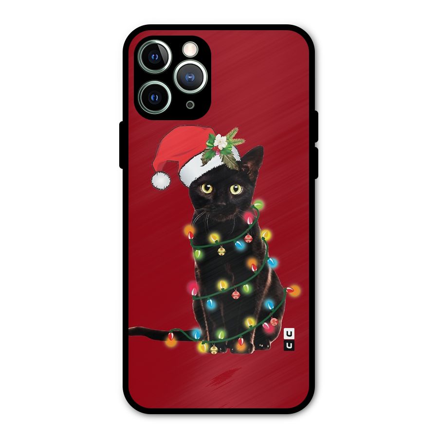 Christmas Cap Cute Cat Metal Back Case for iPhone 11 Pro Max