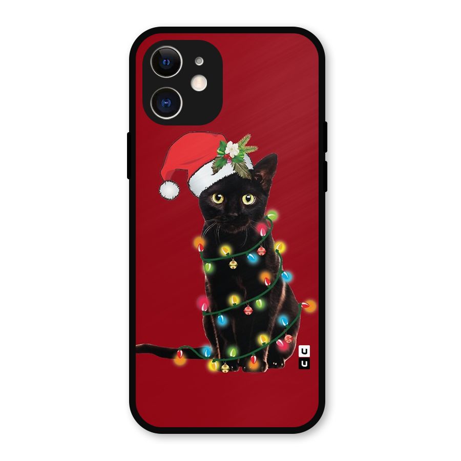 Christmas Cap Cute Cat Metal Back Case for iPhone 12