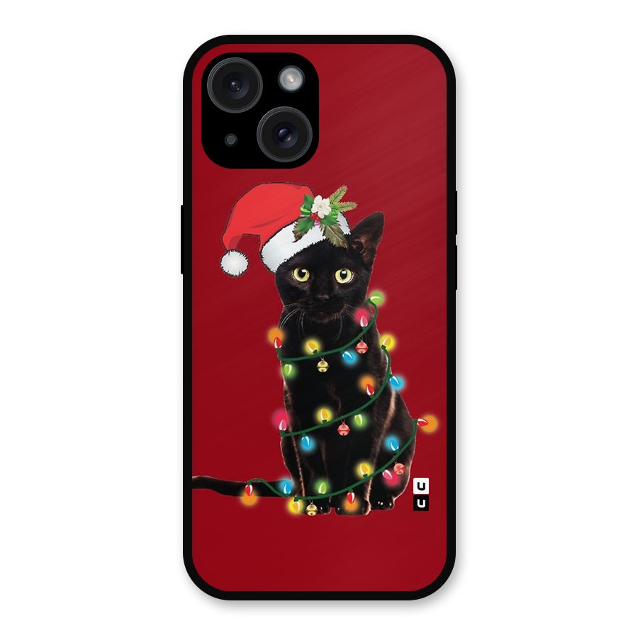 Christmas Cap Cute Cat Metal Back Case for iPhone 15