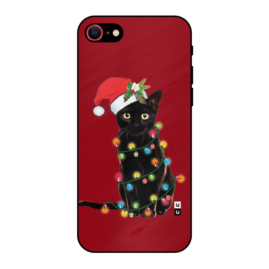 Christmas Cap Cute Cat Metal Back Case for iPhone 7