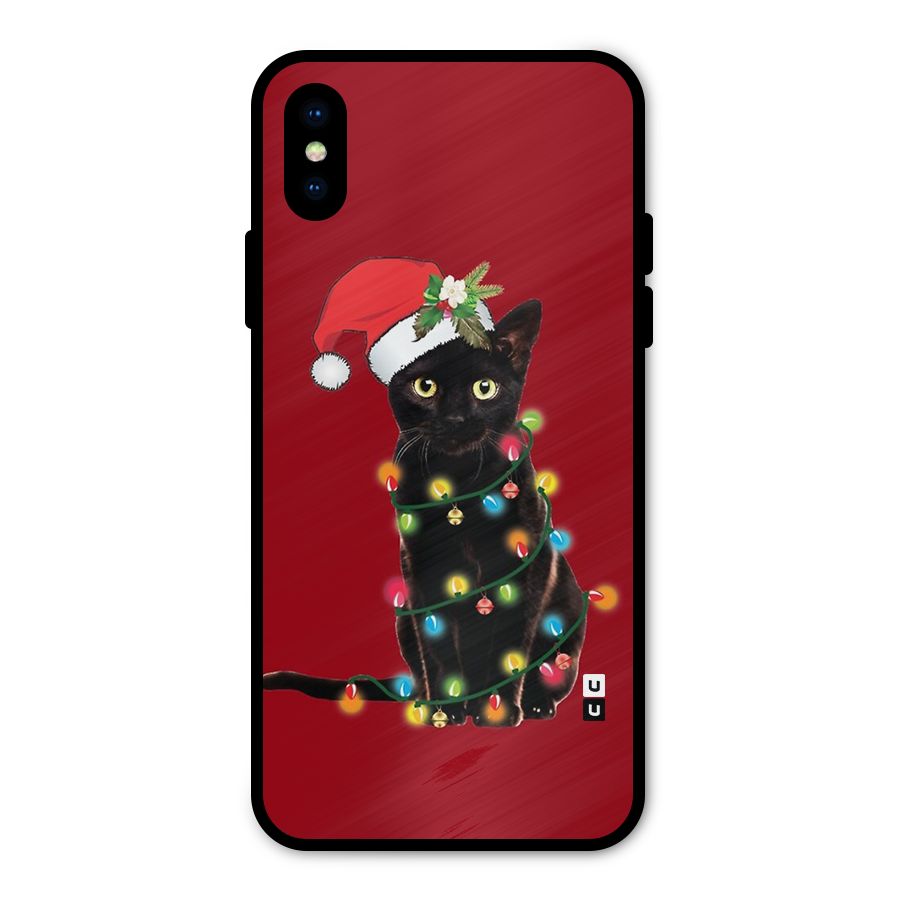 Christmas Cap Cute Cat Metal Back Case for iPhone X