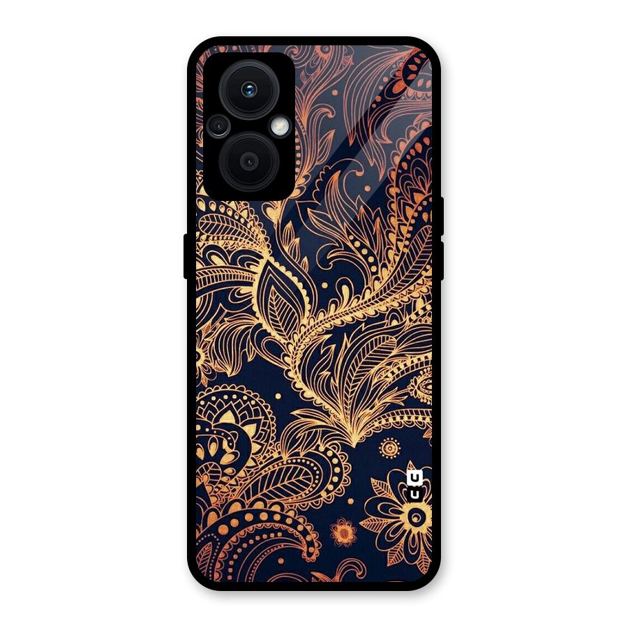 Classy Golden Leafy Design Glass Back Case for Oppo F21s Pro 5G