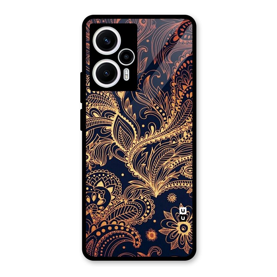 Classy Golden Leafy Design Glass Back Case for Poco F5
