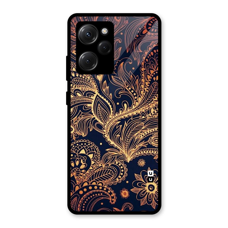 Classy Golden Leafy Design Glass Back Case for Poco X5 Pro
