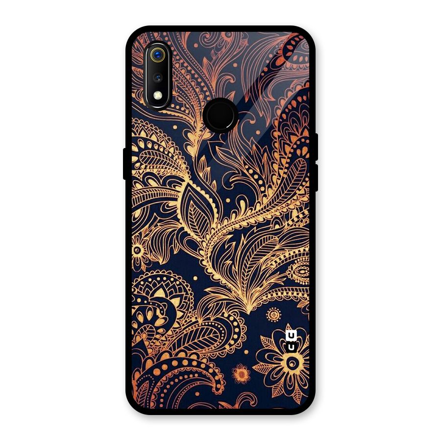 Classy Golden Leafy Design Glass Back Case for Realme 3i