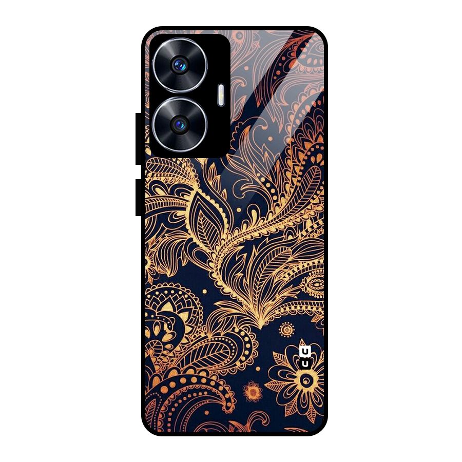 Classy Golden Leafy Design Glass Back Case for Realme Narzo N55