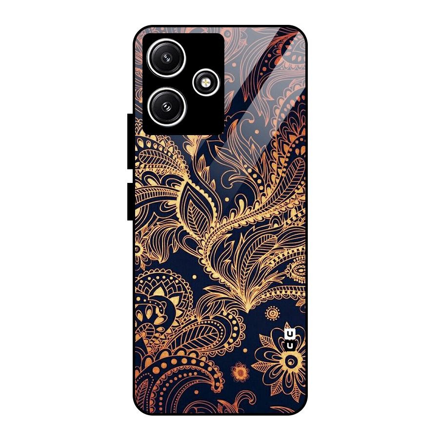 Classy Golden Leafy Design Glass Back Case for Redmi 12 5G