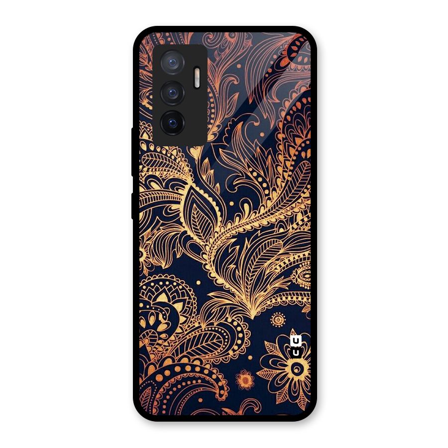 Classy Golden Leafy Design Glass Back Case for Vivo V23e