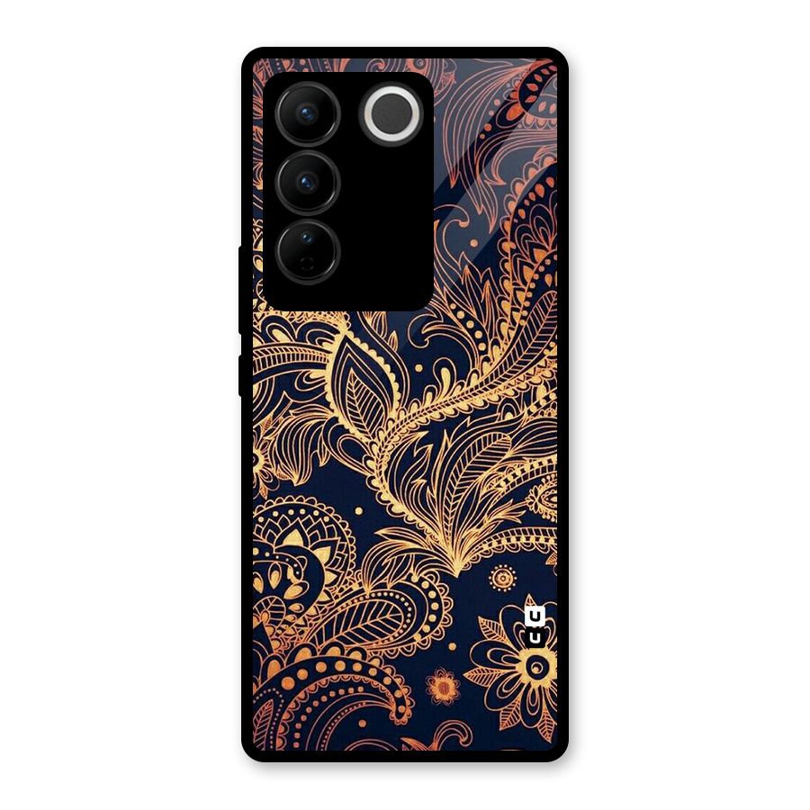 Classy Golden Leafy Design Glass Back Case for Vivo V27 Pro