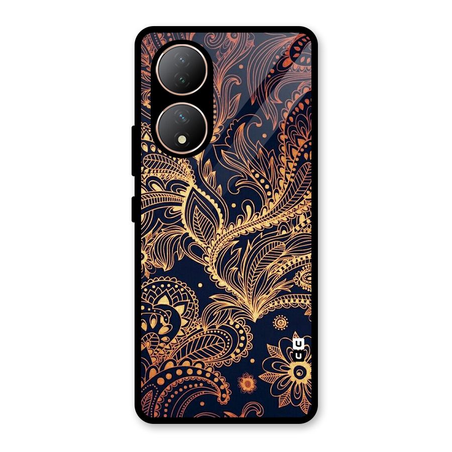 Classy Golden Leafy Design Glass Back Case for Vivo Y100A