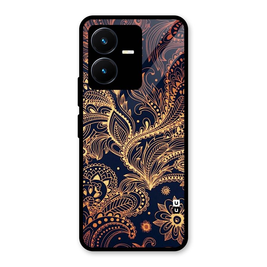 Classy Golden Leafy Design Glass Back Case for Vivo Y22s